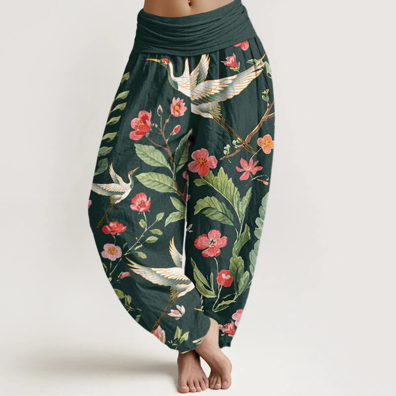 Buddha Stones Casual Red Flowers Crane Pattern Women's Elastic Waist Harem Pants