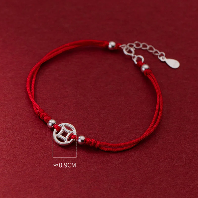 Buddha Stones 925 Sterling Silver Hollow Copper Coin Luck String Bracelet