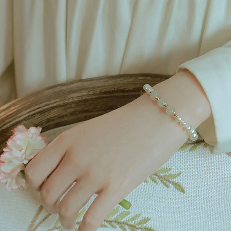 Buddha Stones 14K Gold Plated Natural Pearl Hetian Cyan Jade White Jade Sincerity Bead Chain Bracelet