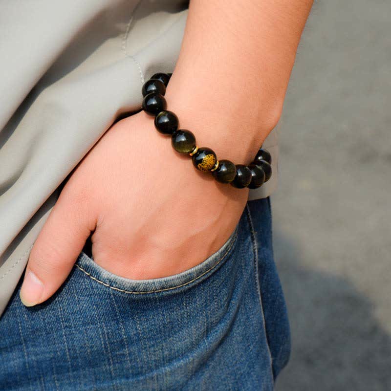 Buddha Stones Chinese Zodiac Natal Buddha Gold Sheen Obsidian Wealth Protection Bracelet