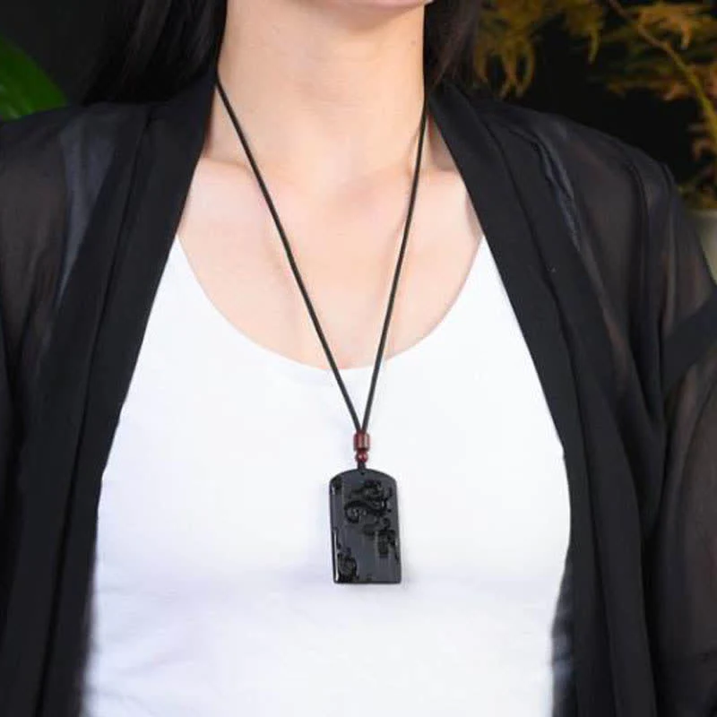 Buddha Stones Black Obsidian Dragon Phoenix Success Necklace Pendant