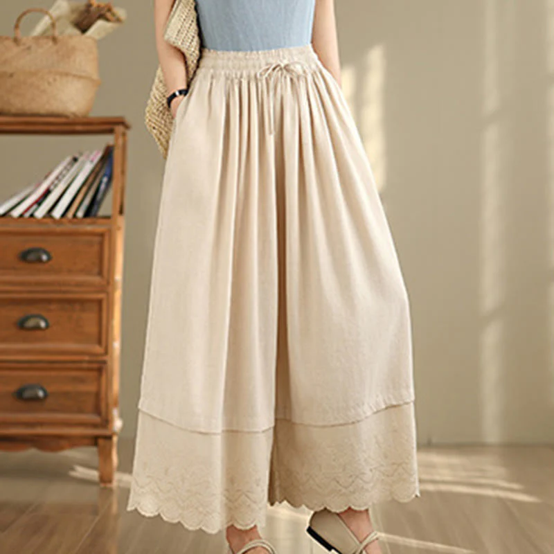 Buddha Stones Spring Embroidery Lace Hem Patchwork Drawstring Design Women's Wide Leg Cotton Pants With Pockets