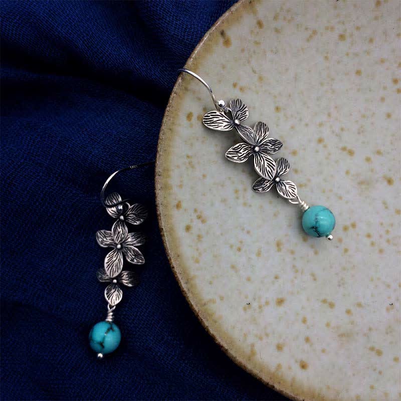 Buddha Stones 925 Sterling Silver Turquoise Lazurite Flower Leaf Serenity Protection Hook Drop Dangle Earrings