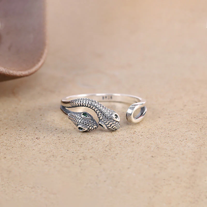 Buddha Stones 925 Sterling Silver Year Of The Snake Two-headed Snake Adjustable Open Ring