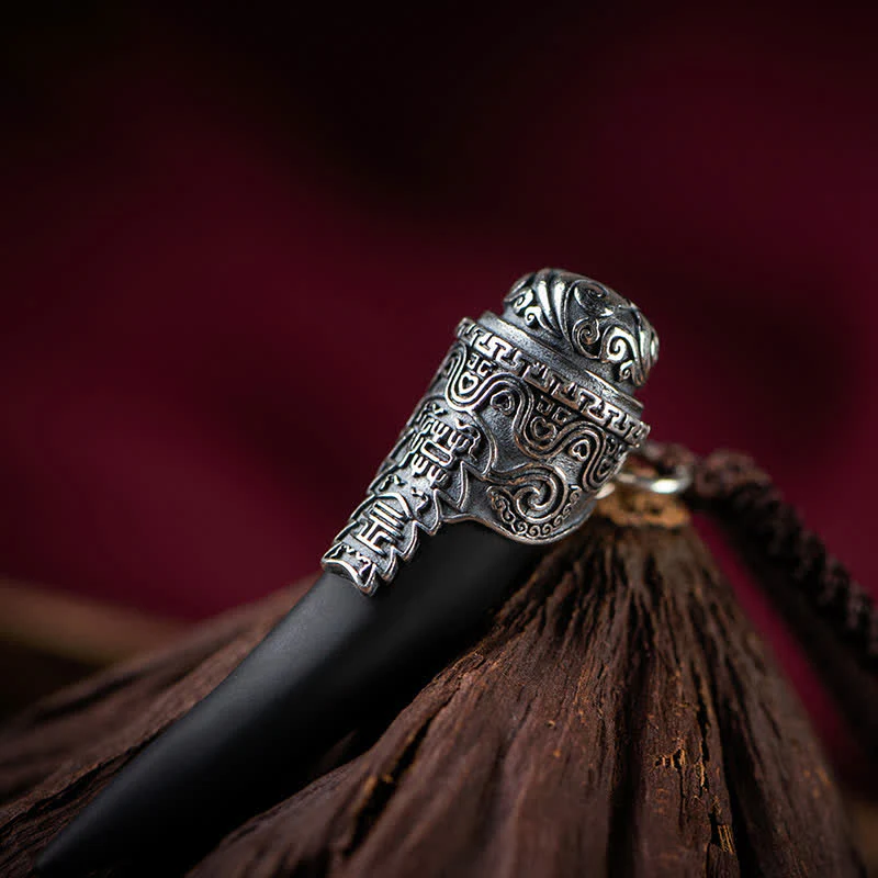 Buddha Stones 925 Sterling Silver Black Obsidian Wolf Tooth Pattern Strength Necklace Pendant