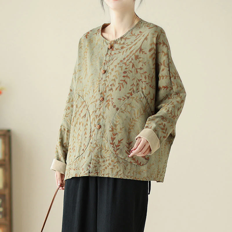 Buddha Stones Leaf Print Women's Cotton Linen Jacket With Pockets