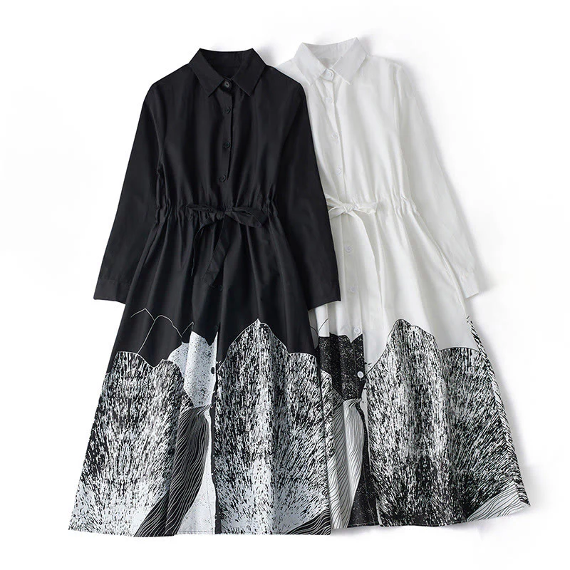 Buddha Stones Printing Irregular Lines Back Lace-up Design Lapel Cotton Midi Dress With Pockets