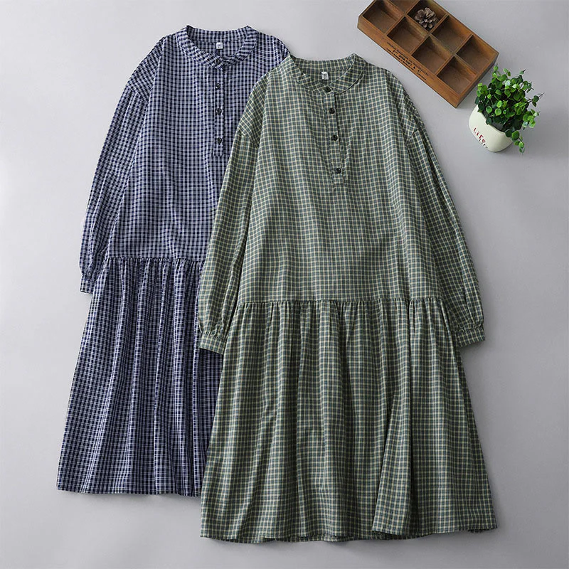 Buddha Stones Casual Plaid Buttons Lantern Long Sleeve Cotton Midi Dress