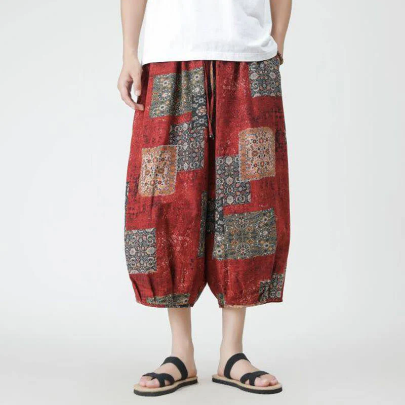 Buddha Stones Summer Square Patchwork Elephant Mandala Geometry Cotton Linen Men's 7-8 Length Pants With Pockets