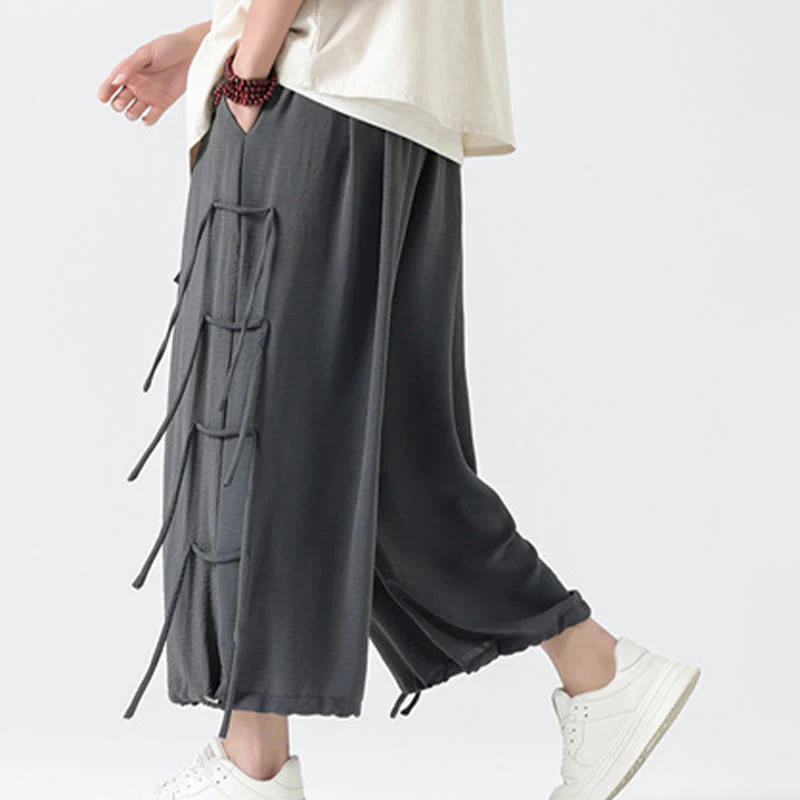 Buddha Stones Casual Loose Lanyard Design Waist Rope Men's 7-8 Length Spandex Pants With Pockets