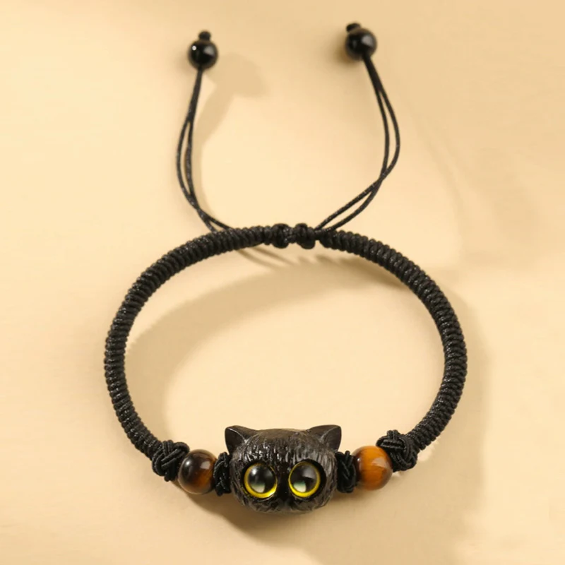 Buddha Stones Cute Ebony Wood Cat Head Pattern Peace Bracelet