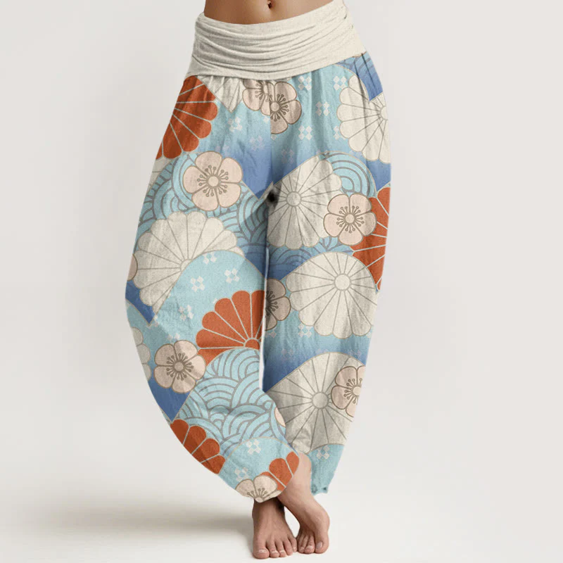 Buddha Stones Casual Abstract Petal And Wave Pattern Women's Elastic Waist Harem Pants
