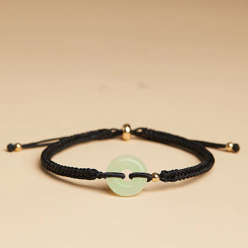 Buddha Stones Natural Hetian Jade Peace Buckle Fu Character Protection Luck Braided Bracelet