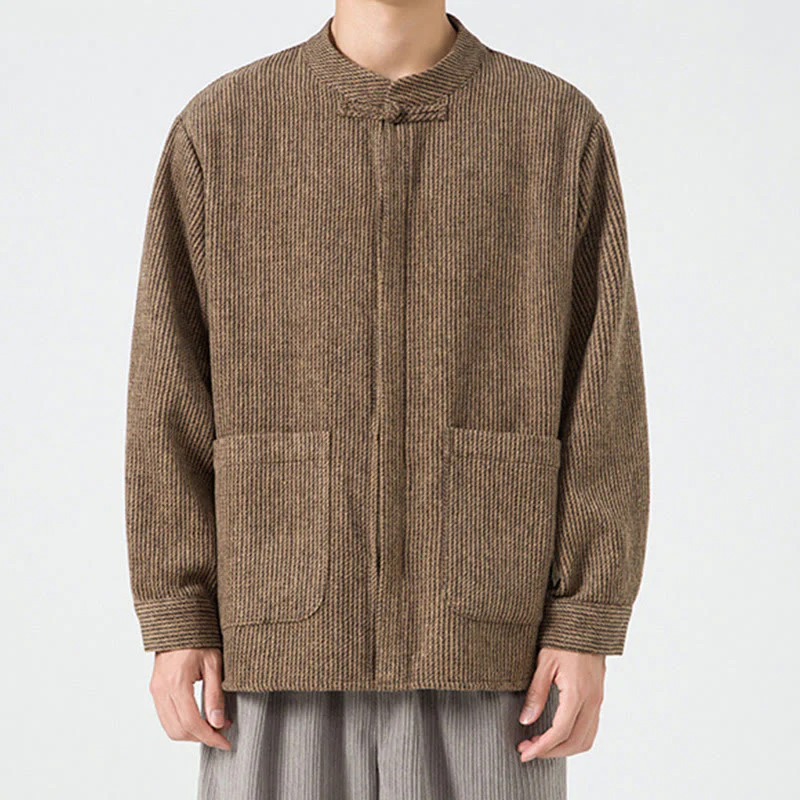 Buddha Stones Long Sleeve Frog-button Design Men's Cotton Jacket Shirt With Pockets