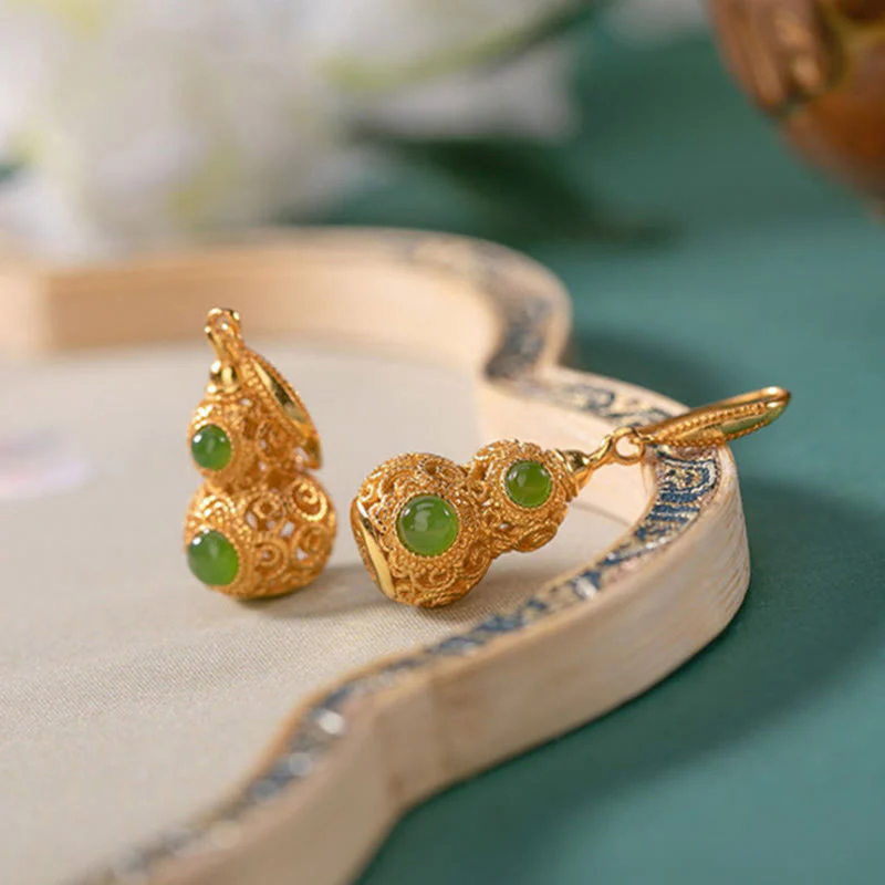 Buddha Stones Copper Hollow Gourd Jade Prosperity Earrings