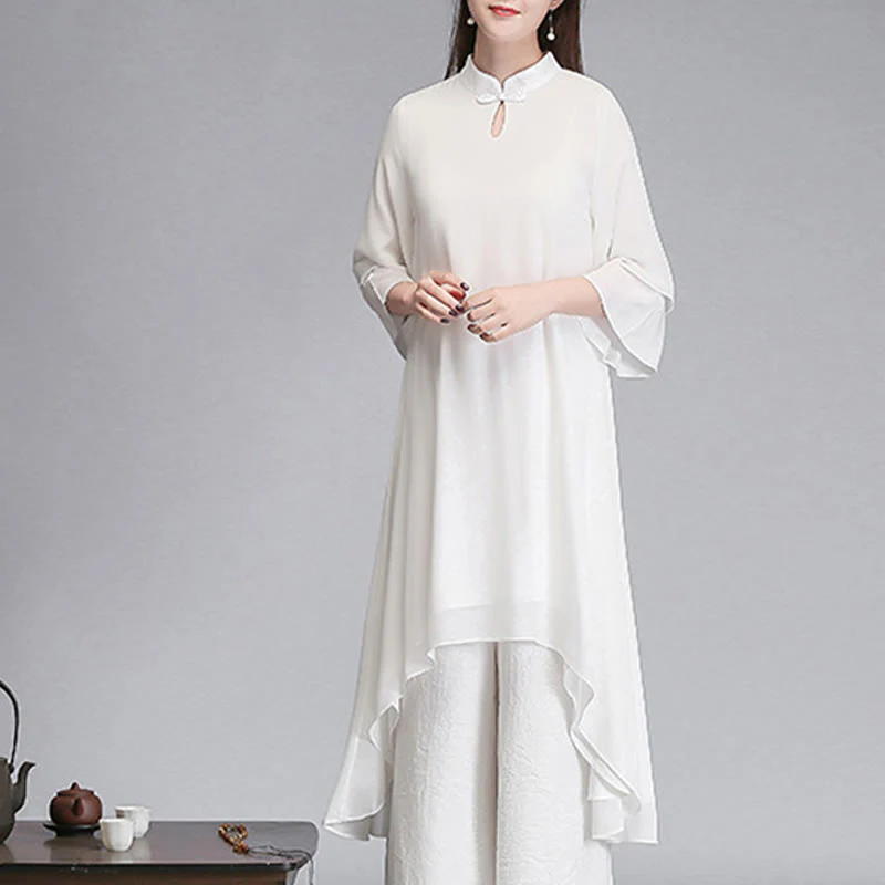 Buddha Stones Solid Women's Three Quarter Sleeve Chiffon Irregular Shirt Dress Wide Leg Pants Meditation Clothing