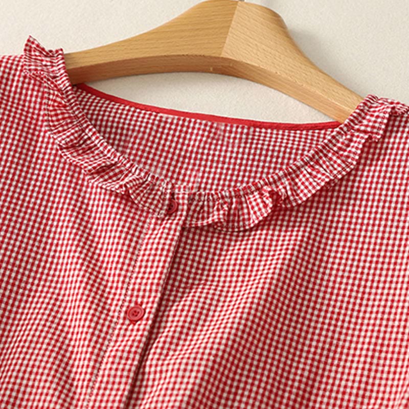 Buddha Stones Spring Plaid Ruffled Crew Neck Design Three Quarter Sleeve Cotton Women's Shirt