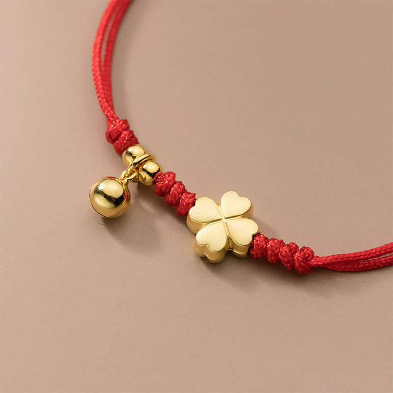 Buddha Stones 925 Sterling Silver Plated Gold Four Leaf Clover Red String Connection Bracelet