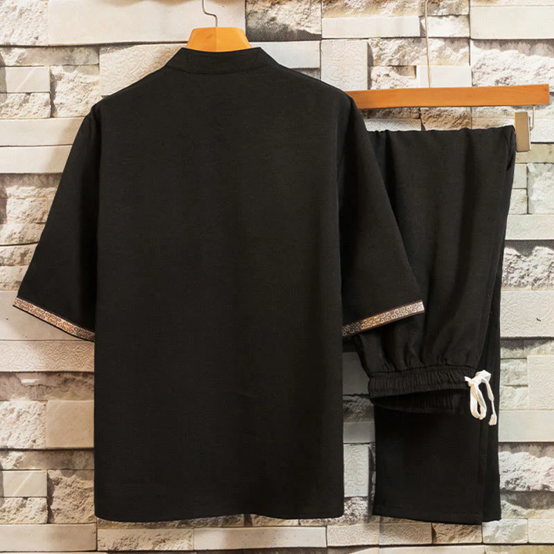 Buddha Stones 2Pcs Tree Pattern Cotton Linen Frog-Button Short Sleeve Shirt Pants Men's Set