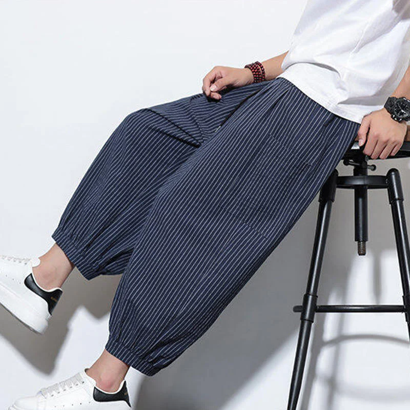 Buddha Stones Casual Striped Men's Cotton 7-8 Length Harem Pants With Pockets