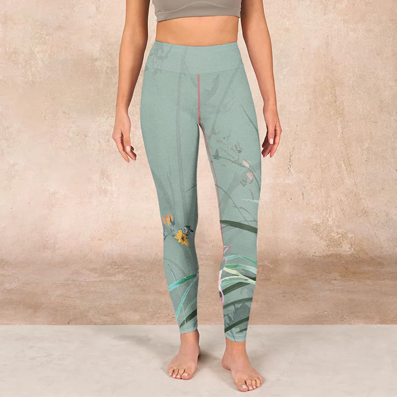 Buddha Stones White Pink Orchids Leaves Print Gym Leggings Women's Yoga Pants