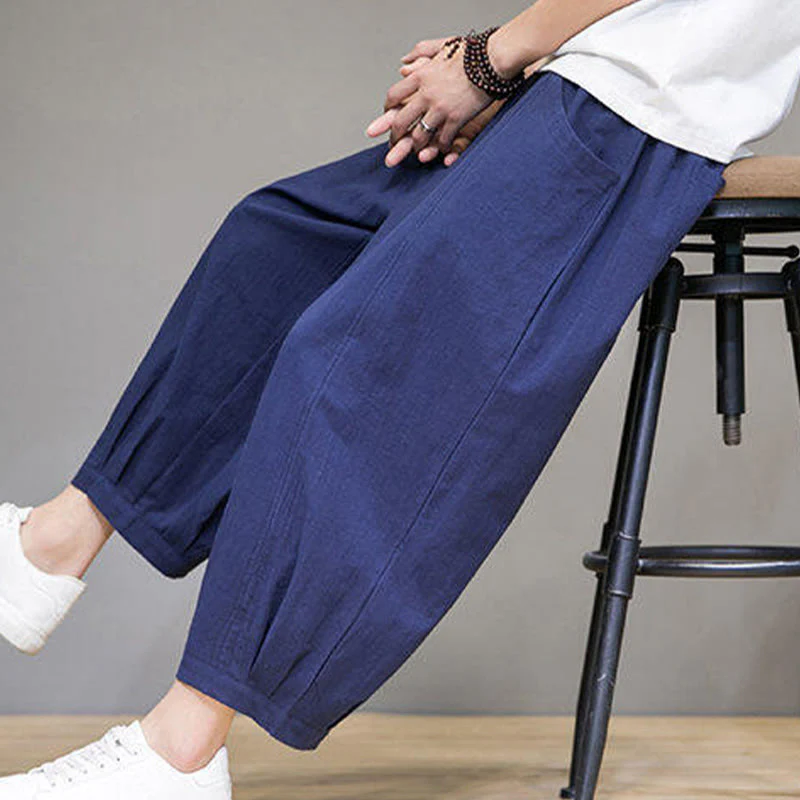 Buddha Stones Casual Plain Men's Cotton 7-8 Length Harem Pants With Pockets