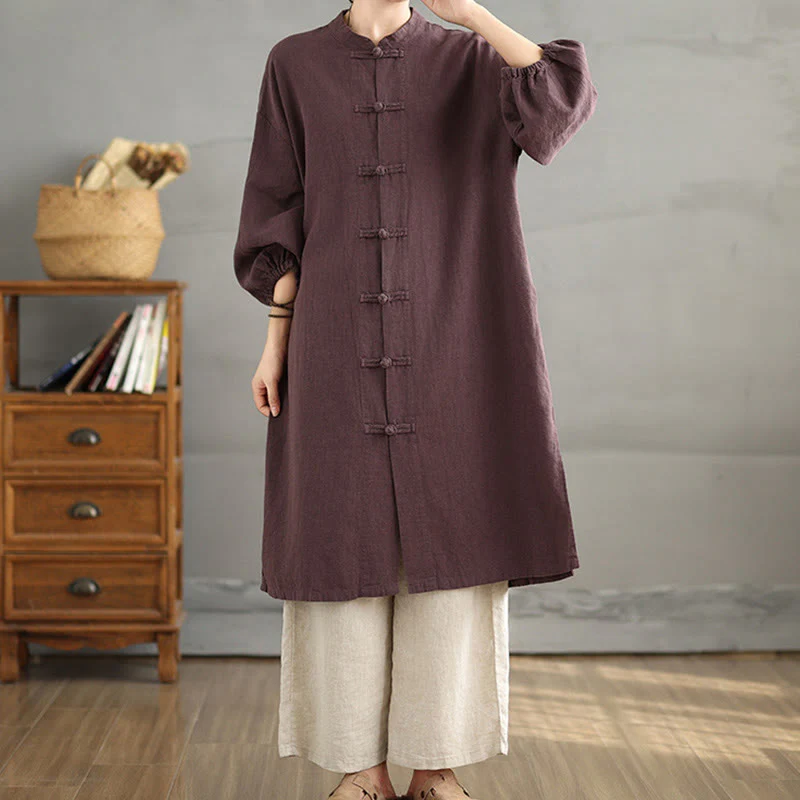 Buddha Stones Casual Frog-button Women's Cotton Linen Coat With Pockets