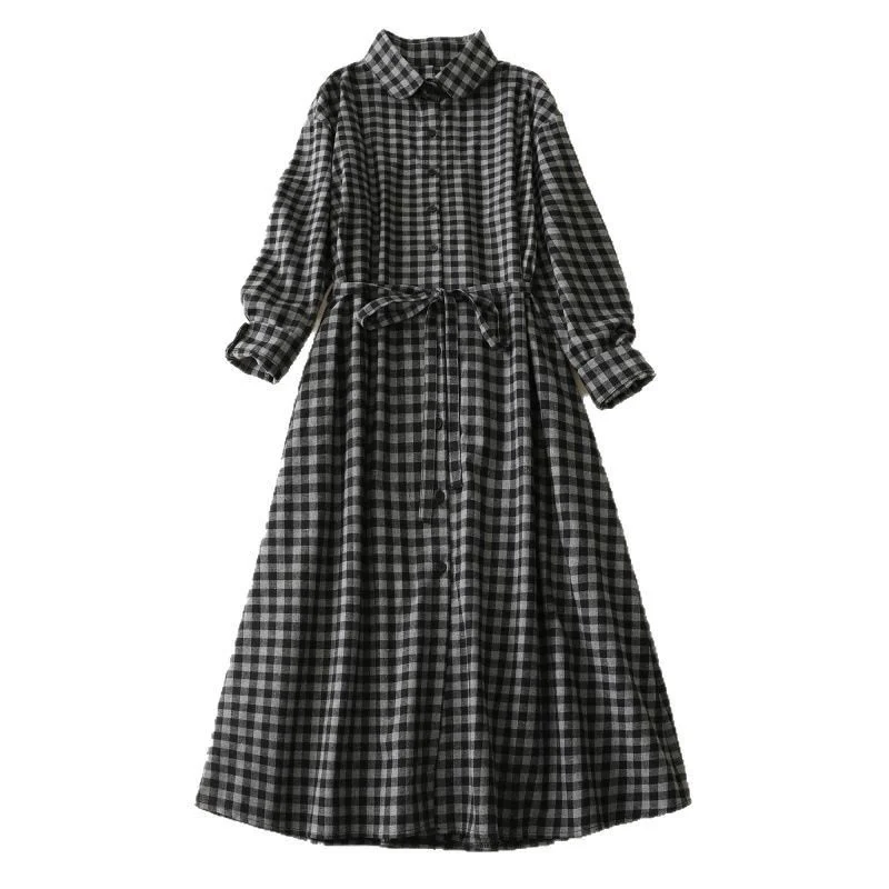 Buddha Stones Black Lace-Up Design Plaid Lapel Cotton Linen Midi Dress With Pockets