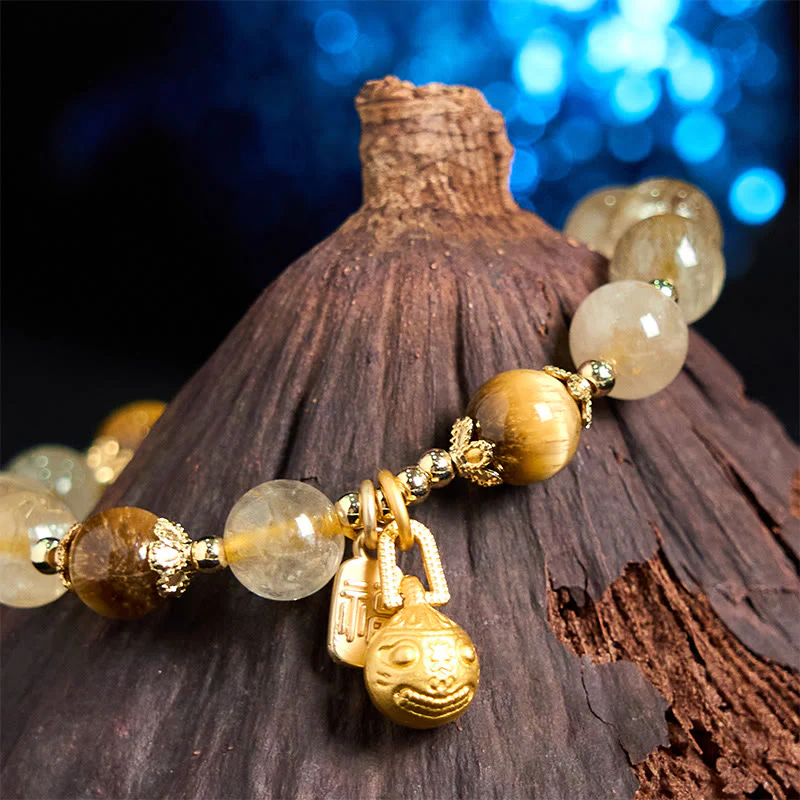 Buddha Stones Natural Rutilated Quartz Fu Character Metal Swallowing Beast Auspiciousness Bracelet