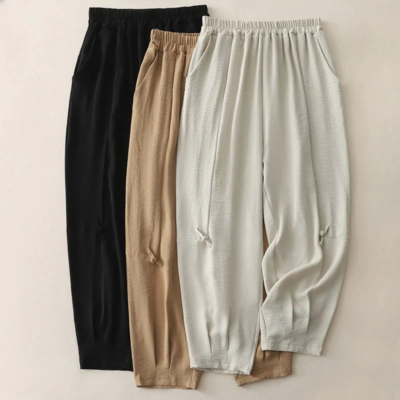 Buddha Stones Commute Casual Plain Frog-Button Design Women's Harem Cotton Linen 7-8 Length Pants With Pockets