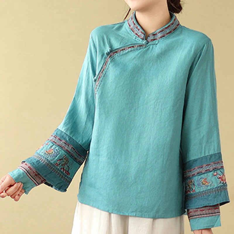 Buddha Stones Embroidered Slanted Buttons Cotton Linen Women's Shirt