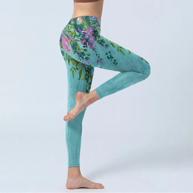 Buddha Stones Vibrant Flowers Green Willow Leaves Print Gym Leggings Women's Yoga Pants