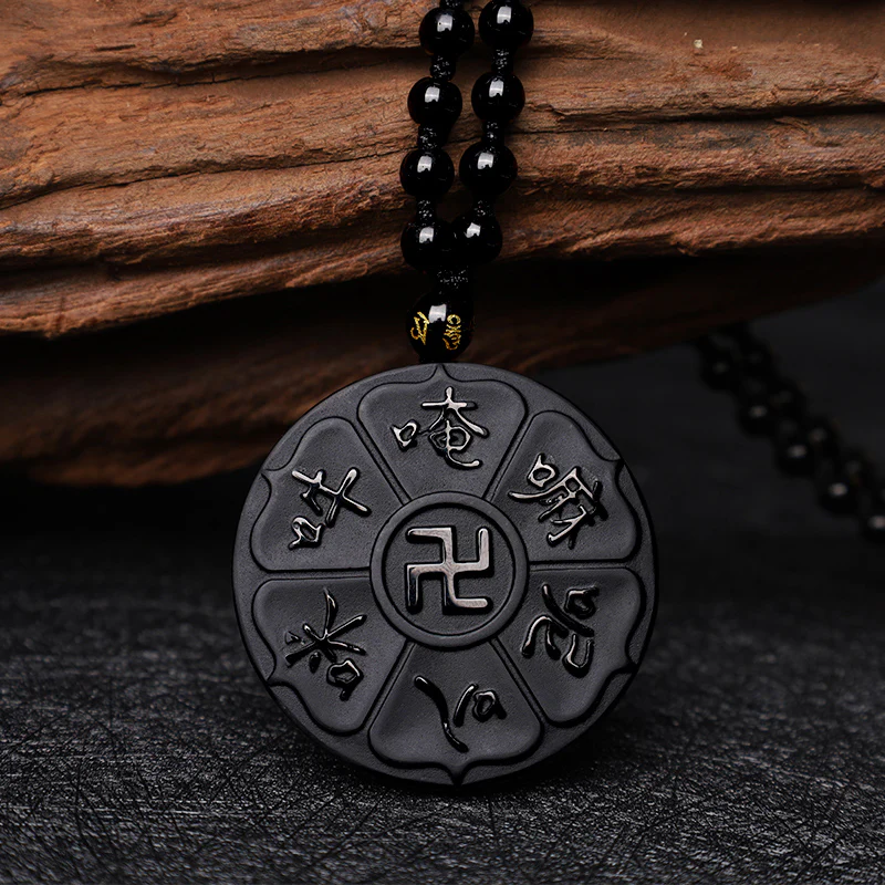 Buddha Stones Natural Black Obsidian Tibetan Om Mani Padme Hum Buddha Swastika Luck Necklace Pendant