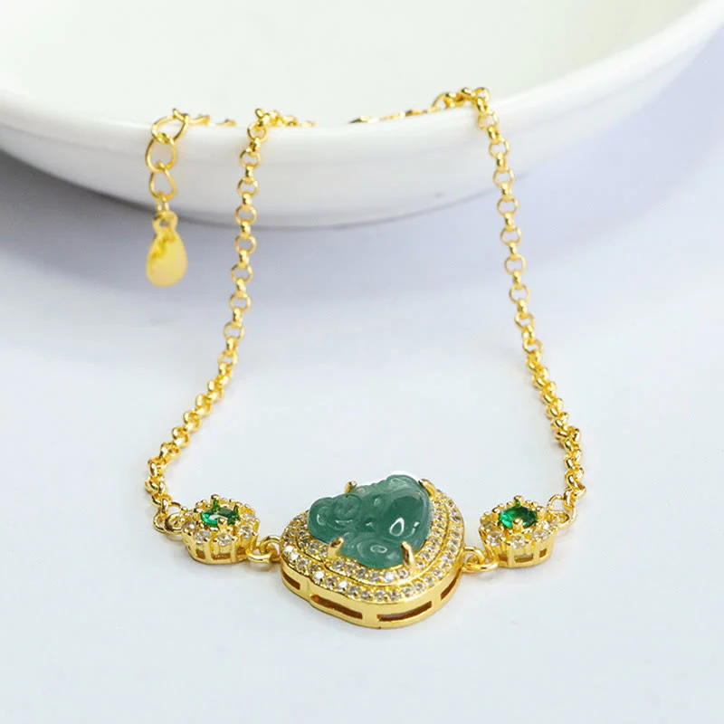 Buddha Stones Laughing Buddha Green Jade Zircon Luck Chain Bracelet