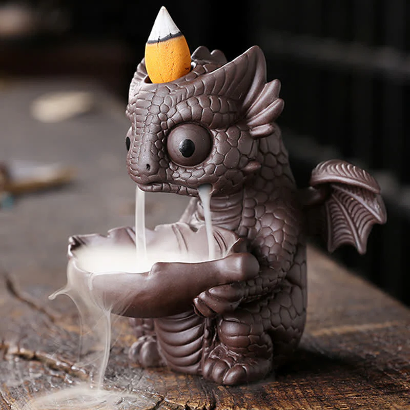 Buddha Stones Lovely Dinosaur Purple Clay Backflow Smoke Fountain Healing Incense Burner Decoration