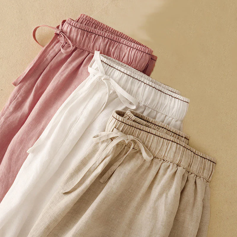 Buddha Stones Casual Embroidered Petals Women's Cotton Linen 7-8 Length Harem Pants With Pockets