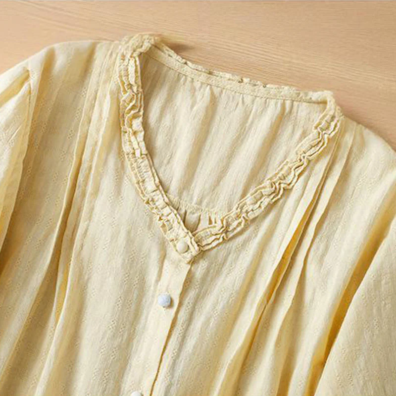 Buddha Stones Jacquard Pleated Ruffled Trim Design V-Neck Short Sleeve Women's Shirt