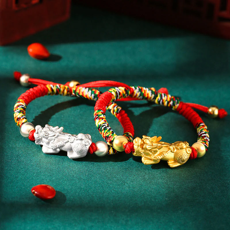 Buddha Stones 999 Sterling Silver PiXiu Wealth King Kong Knot String Braided Kids Child Bracelet