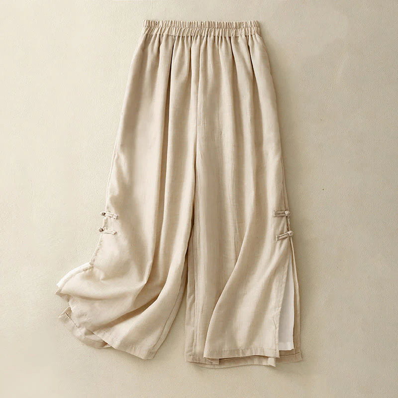 Buddha Stones Frog-Button Hem Slit Design Women's Wide Leg Cotton Linen Pants With Pockets