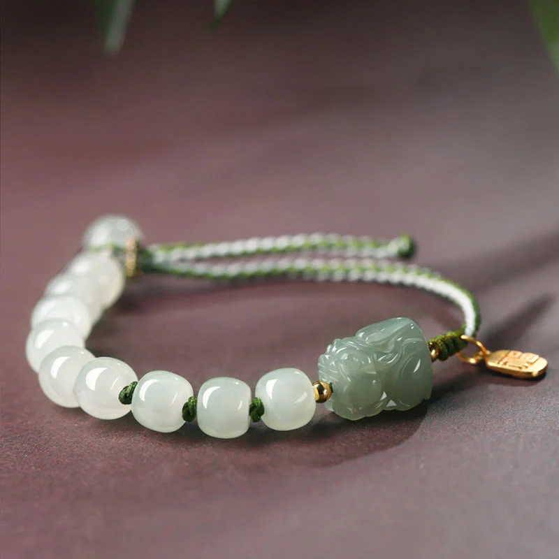 Buddha Stones Natural Hetian Jade PiXiu Luck Fu Character String Bracelet