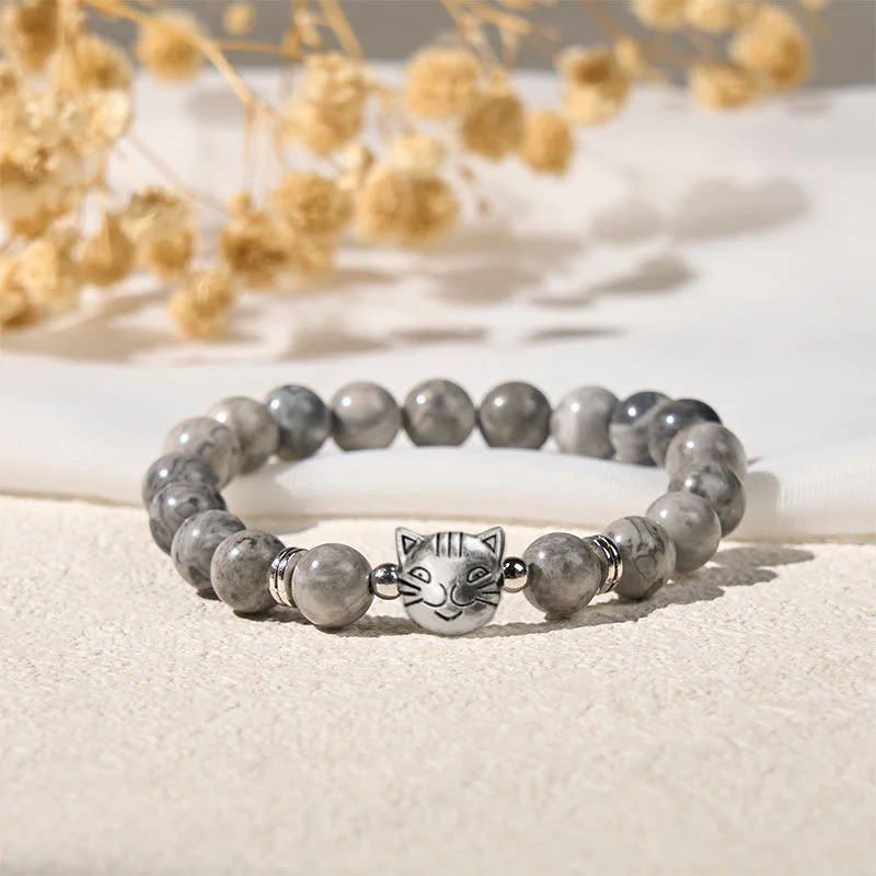 Buddha Stones Cute Cat Natural Grey Jasper Bead Healing Bracelet
