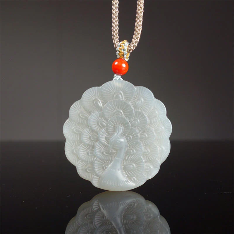 Buddha Stones White Jade Peacock Protection Blessing Necklace Pendant