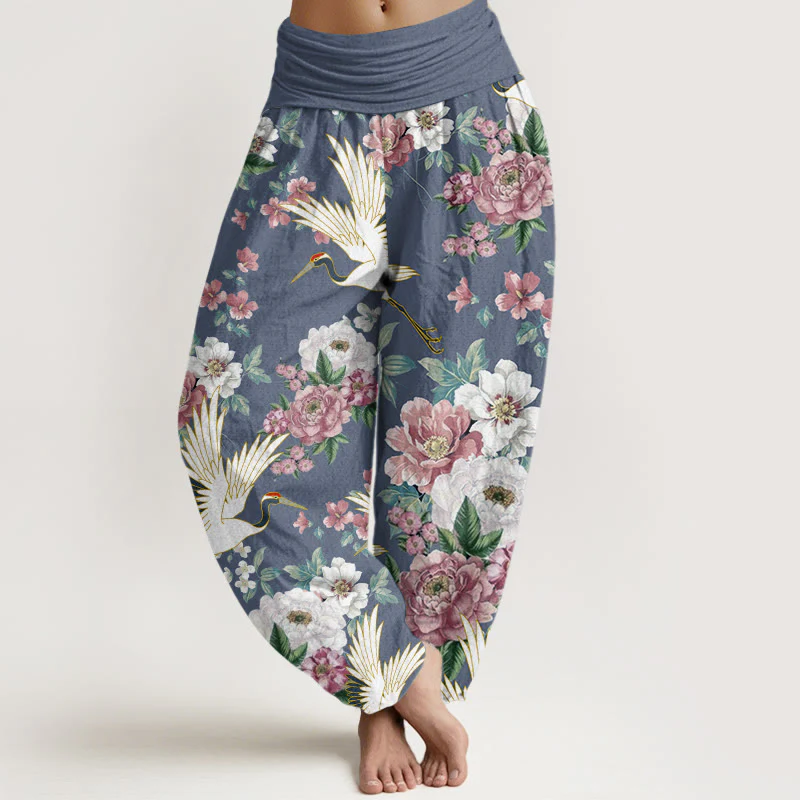Buddha Stones Casual Cranes Blooming Peony Pattern Women's Elastic Waist Harem Pants