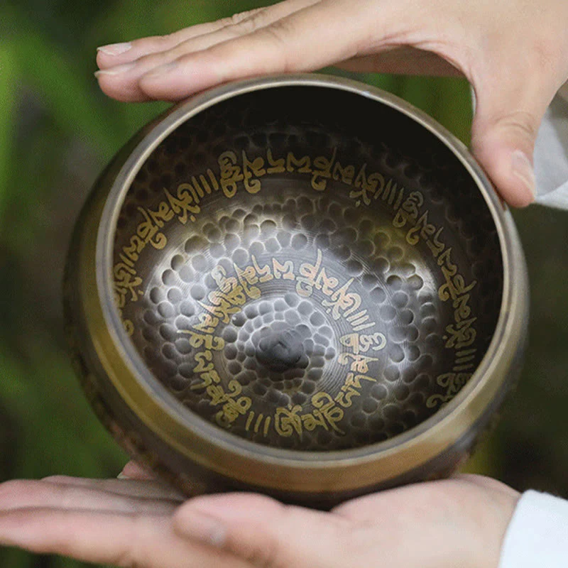 Buddha Stones Handcrafted Singing Bowl Scripture Pattern for Healing and Meditation Sound Bowl Set