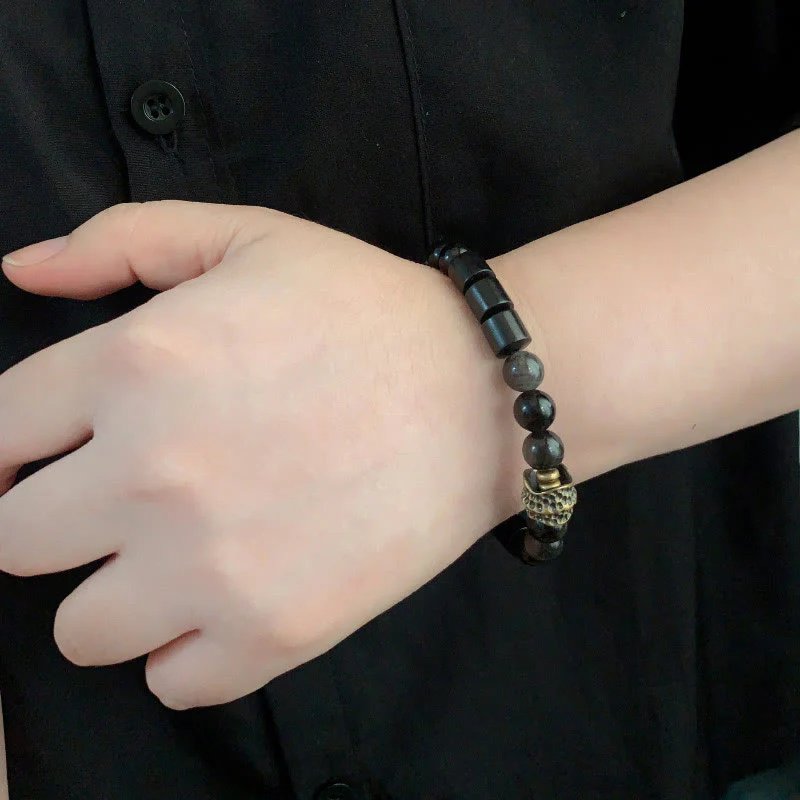 Buddha Stones Silver Sheen Obsidian Ebony Protection Bracelet