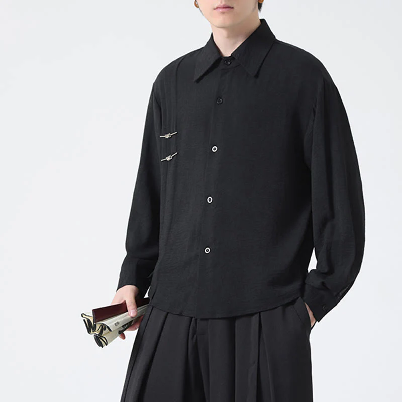 Buddha Stones Plain Buttons Stand Collar Long Sleeve Men's Cotton Shirt