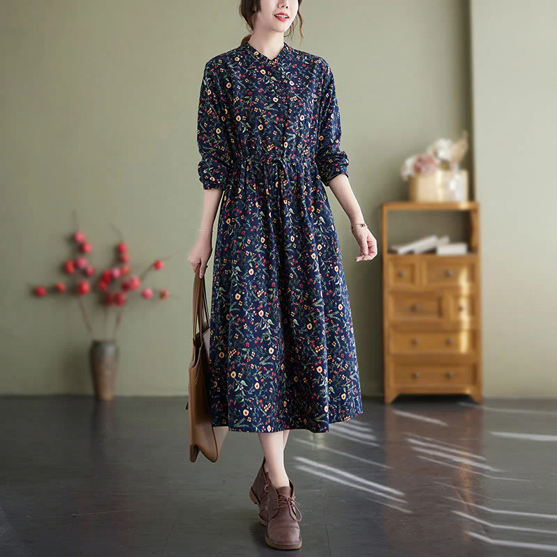 Buddha Stones Ethnic Printing Drawstring Long Sleeve Cotton Linen Midi Dress With Pockets