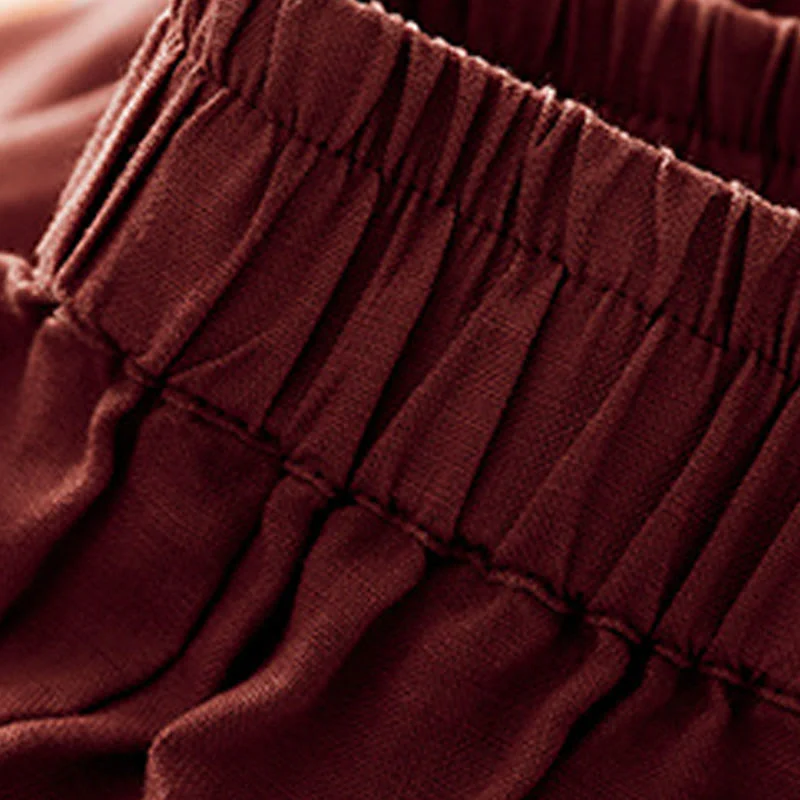 Buddha Stones Casual Plain Cropped Pants Women's Cotton Linen Harem Pants With Pockets