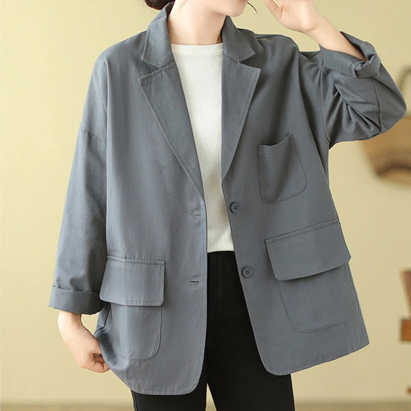 Buddha Stones Plain Women's Cotton Suit Jacket With Pockets