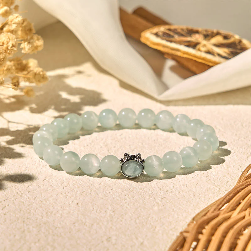 Buddha Stones Natural Aquamarine Lucky Cat Peace Bracelet